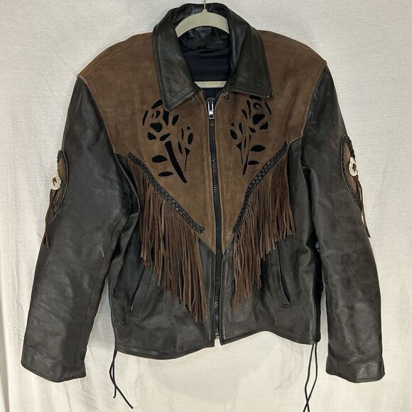Vintage Women’s Fringed Black Brown Leather Biker Jacket Inlayed Suede Roses XL - Picture 1 of 16